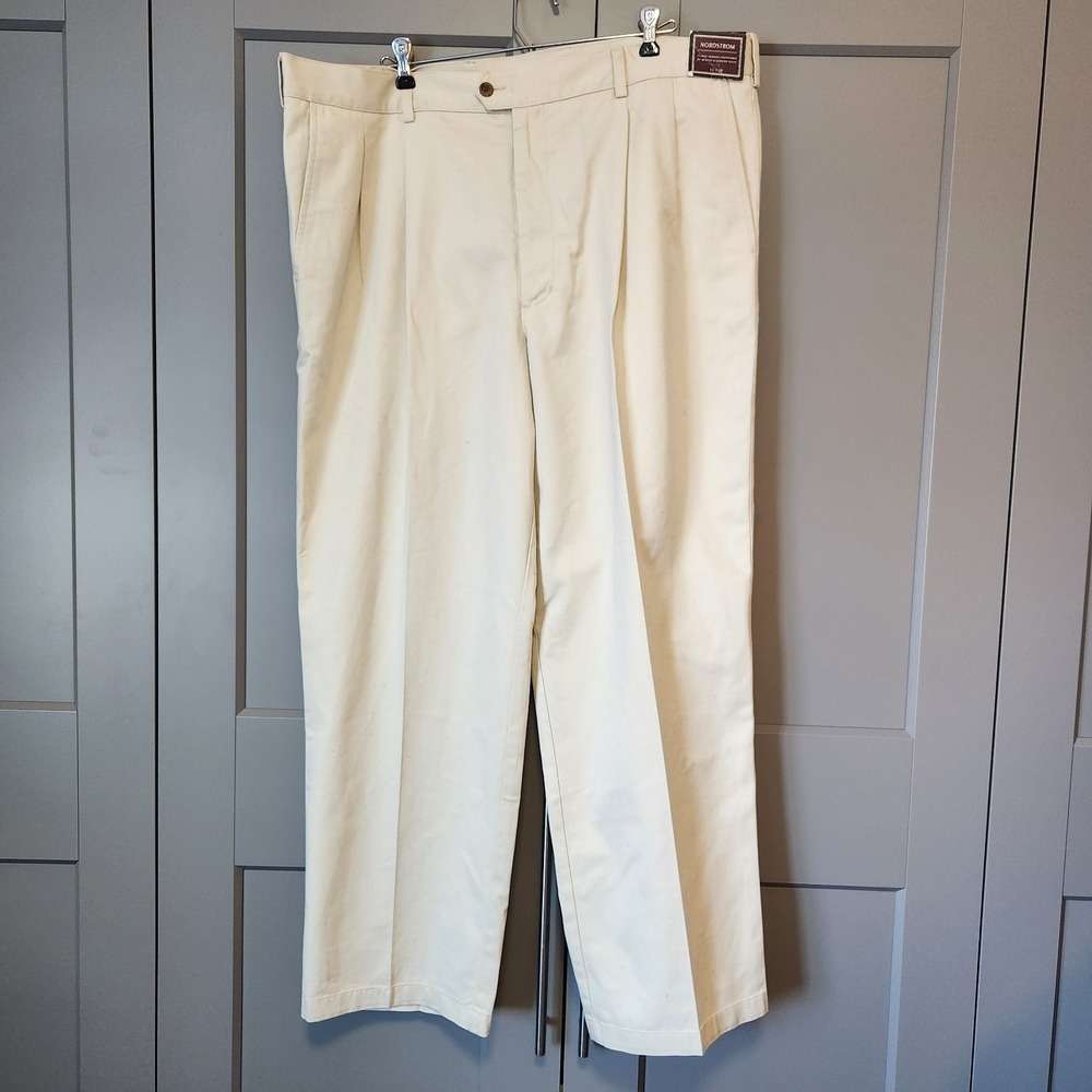 New Nordstrom Pant Mens 42x30 Biege Straight Cotton Smartcare Pleated Pants